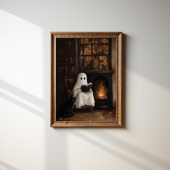 Ghost Reading By Fireplace With Black Cat Cozy Halloween Night Poster