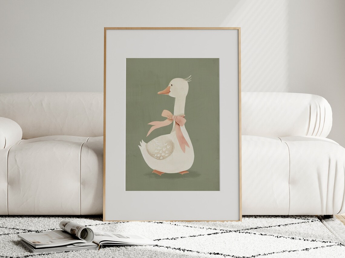 White Duck With Pink Bow Sage Green Gender Neutral Nursery Decor Poster - Image 2