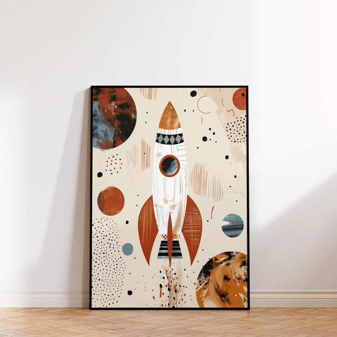 Retro Rocket Ship Space Planets Boho Style Modern Nursery Poster - Image 2