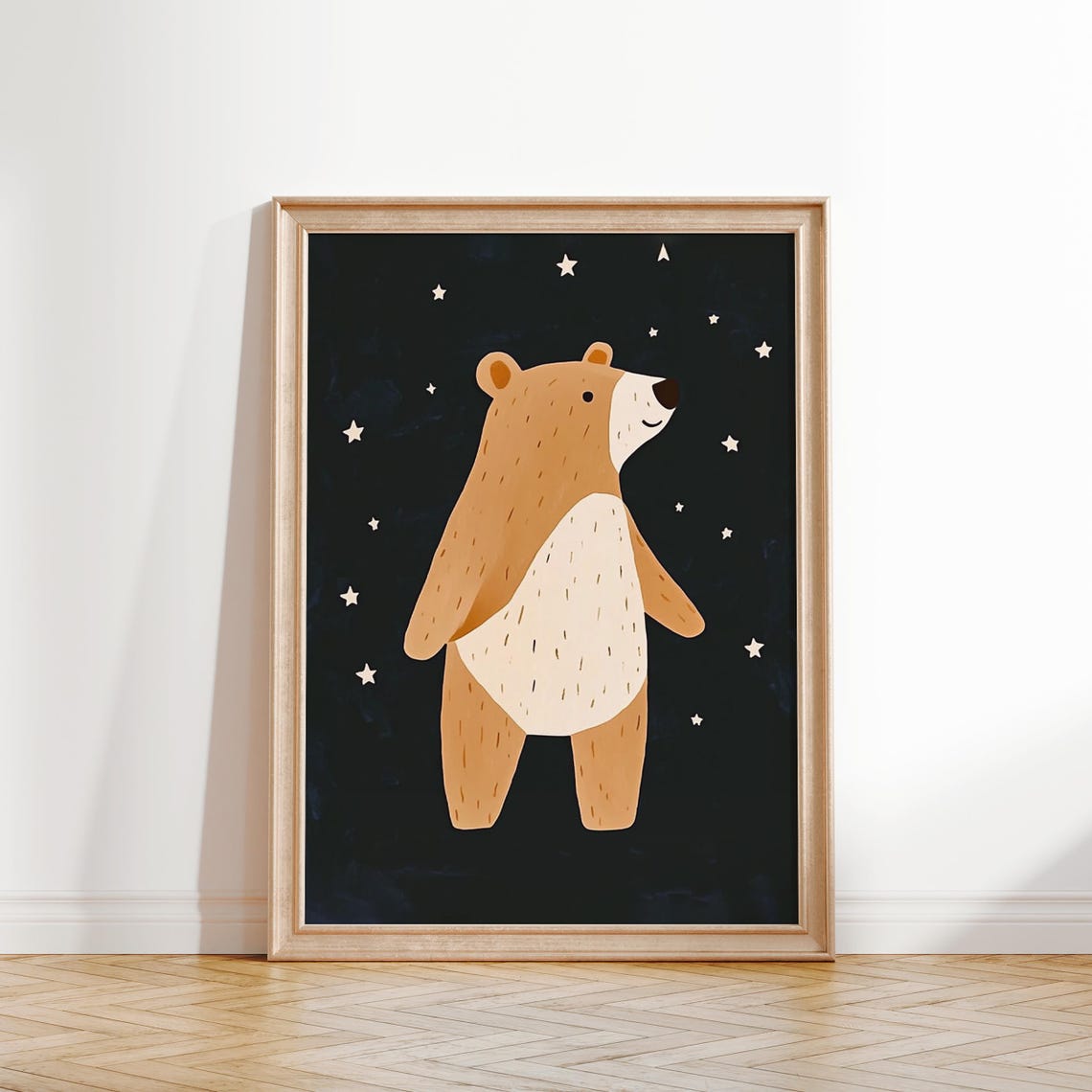 Cute Bear Standing Under Stars Black Night Sky Nursery Kids Poster