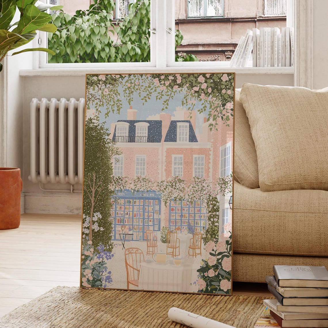 Bookshop Cafe Garden Terrace Pink Townhouse Spring Tea Poster - Image 4