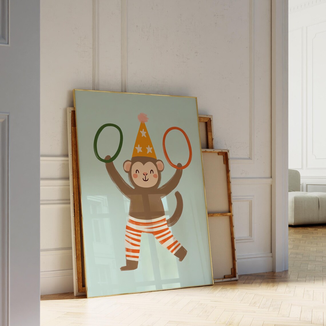 Party Monkey Orange Party Hat Striped Pants Juggling Hoops Kids Wall Poster - Image 3