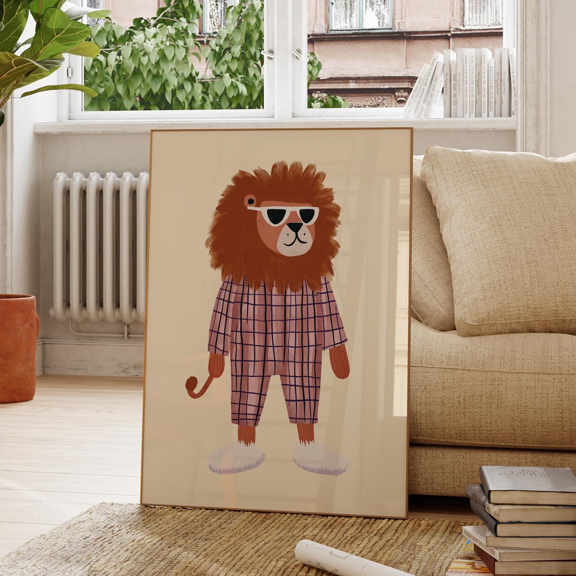 Cool Lion In Pink Plaid Pajamas Sunglasses Nursery Animal Wall Art - Image 4