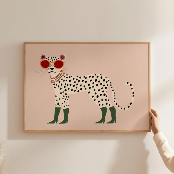 Fashion Leopard Print Red Sunglasses Green Boots Maximalist Kids Wall Poster