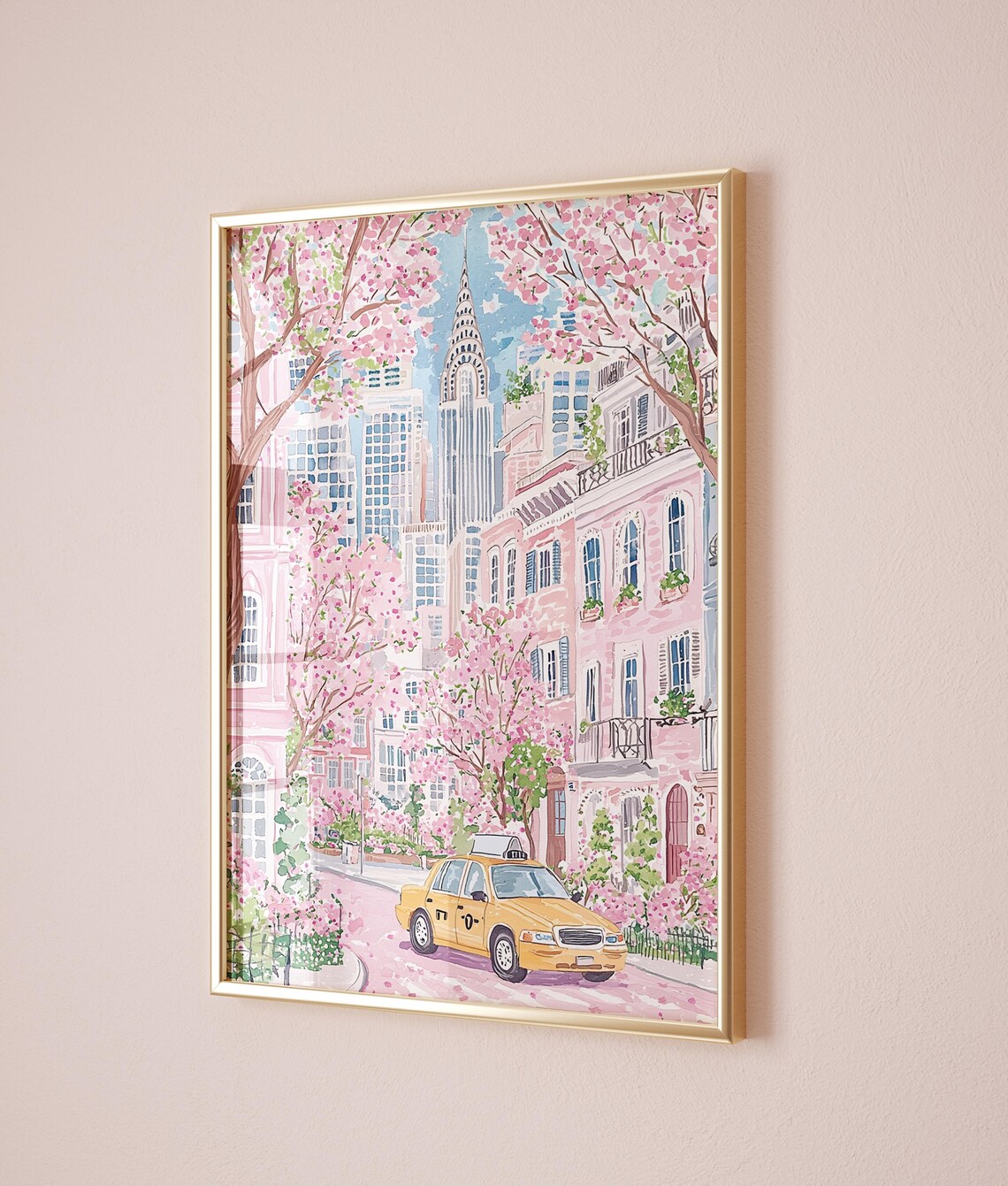 New York Yellow Taxi Cherry Blossom Street Chrysler Skyline Poster - Image 2