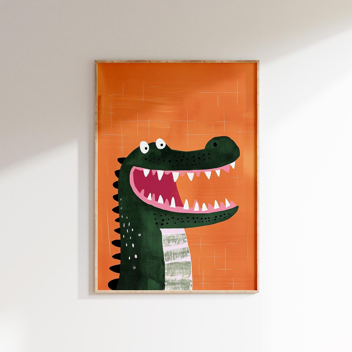 Big Smiling Crocodile Head Bold Orange Background Kids Room Decor Poster