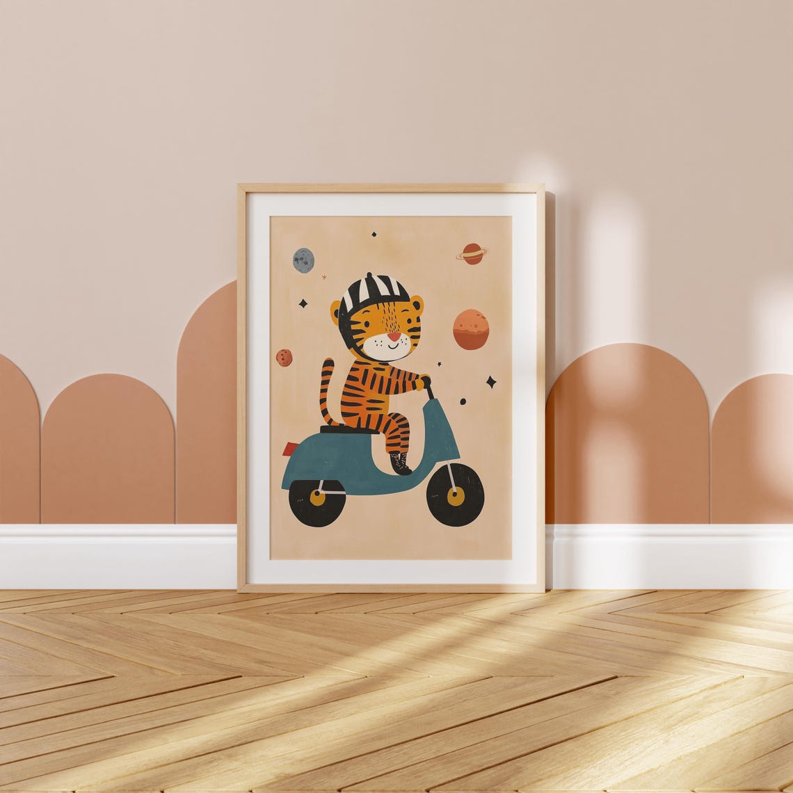 Cute Tiger Riding Scooter in Outer Space with Planets Kids Poster - Image 2