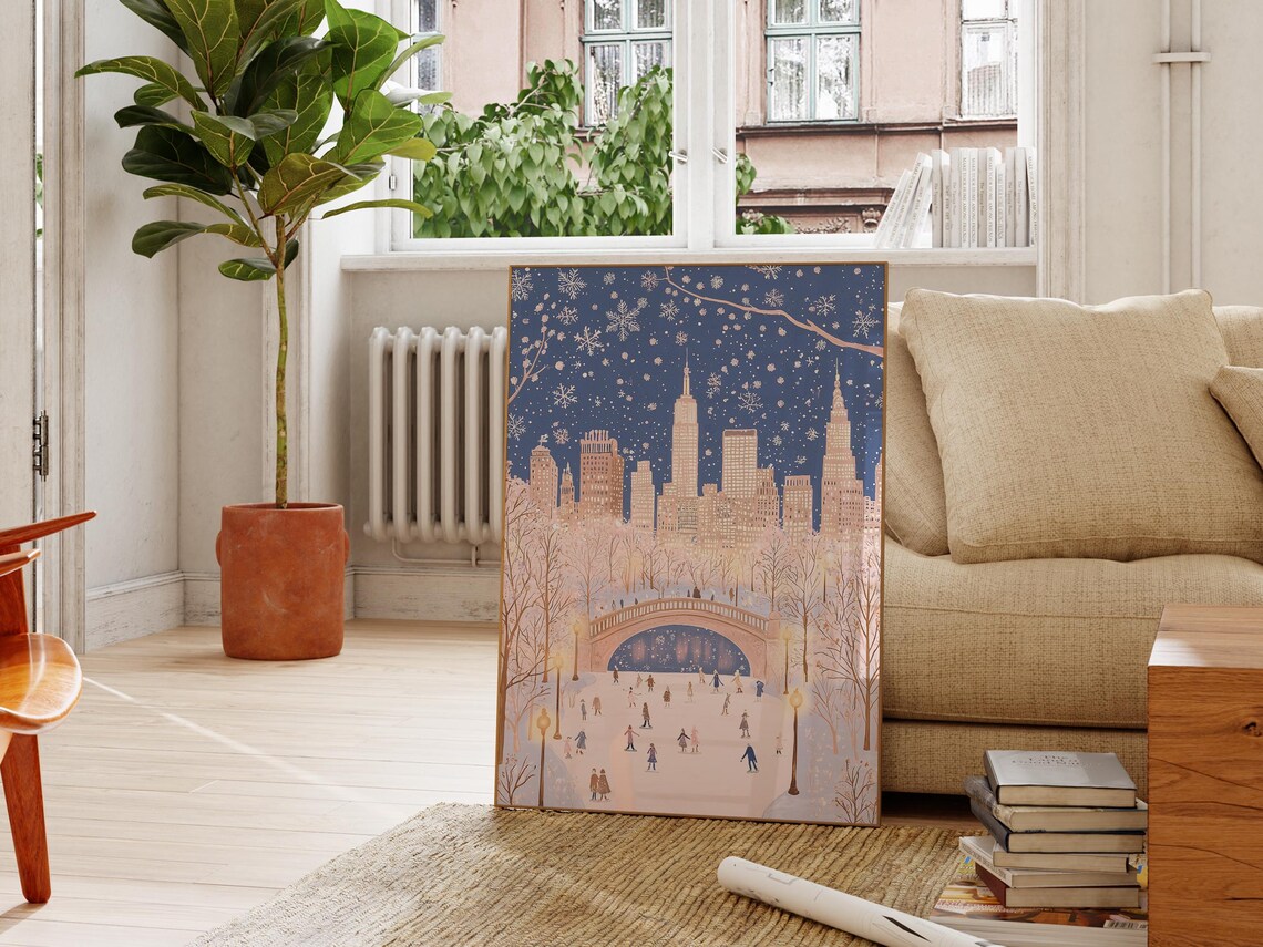 Central Park Night Ice Skating Bow Bridge Manhattan Snowy Skyline Poster