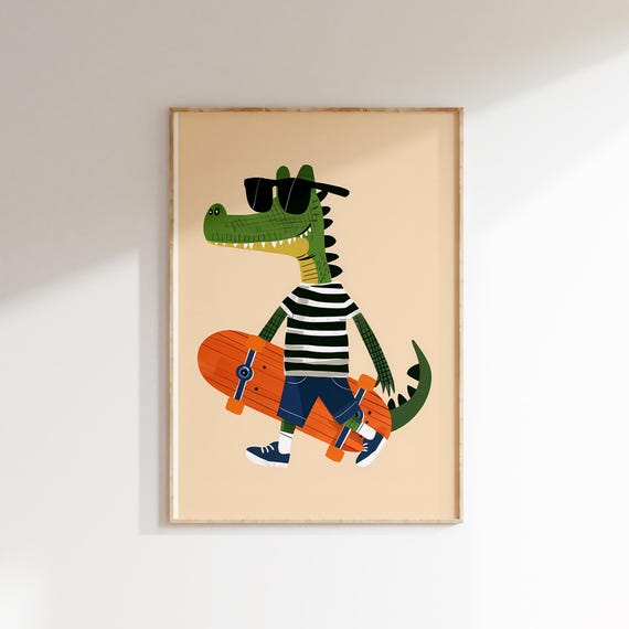 Cool Crocodile Skateboard Wall Art Kids Room Animal Print Playroom Crocodile Poster Gender Neutral Nursery Toddler Room Decor Boys Room