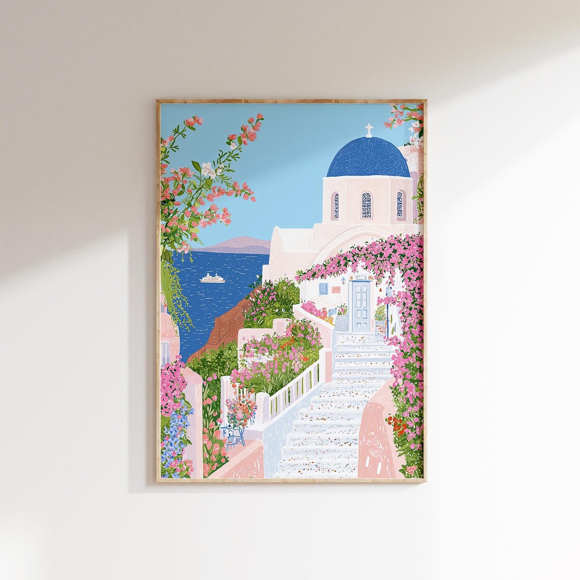 Santorini Blue Dome Church Bougainvillea Steps Greece Poster - Image 3