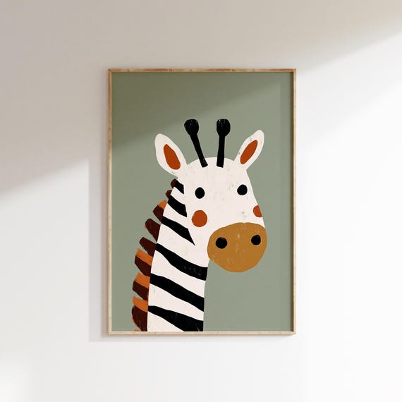 Zebra Portrait Print Safari Nursery Wall Art Kids Room Decor Animal Art Cute Print Playroom Decor