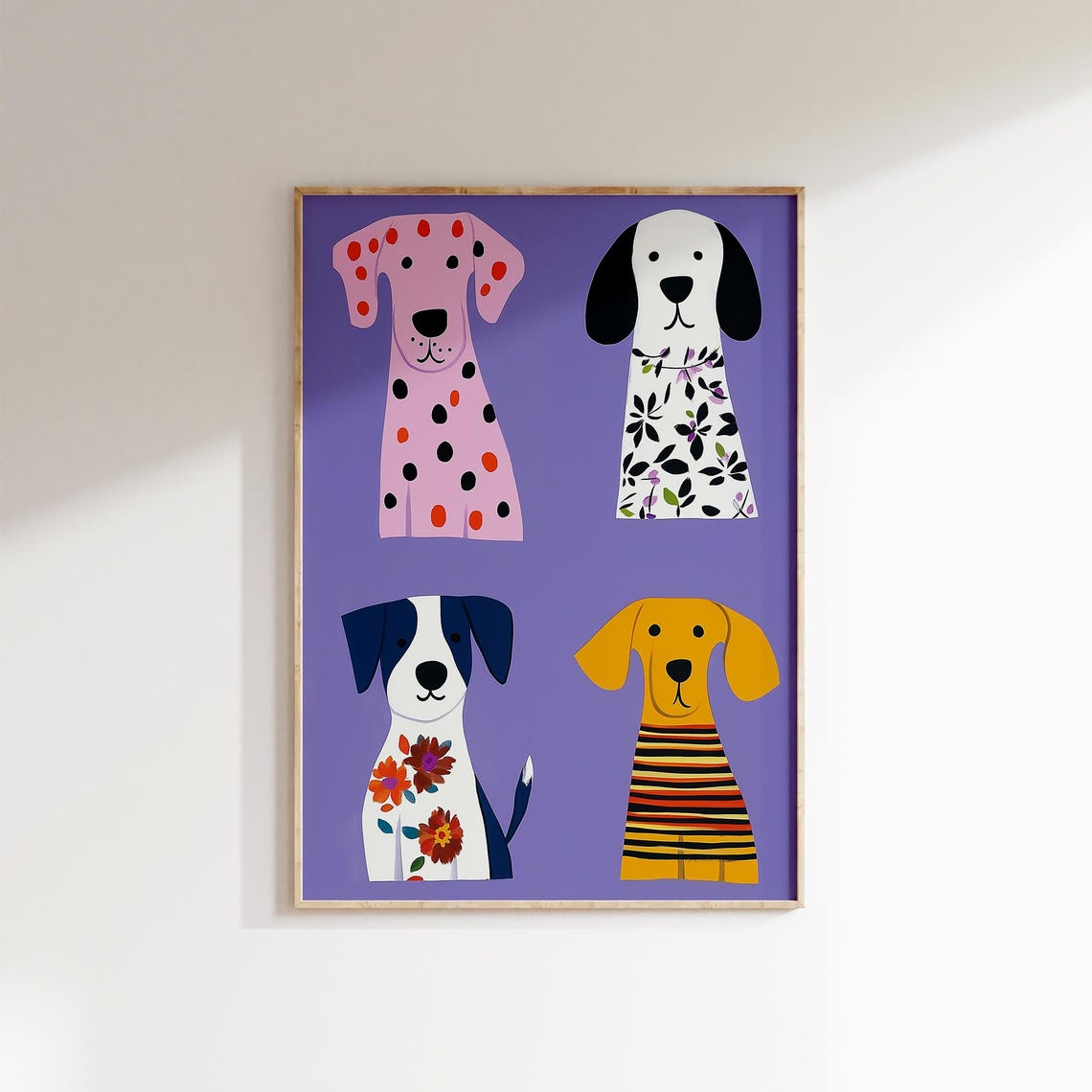 Cute Puppy Collection Four Patterned Dogs Purple Kids Room Wall Poster