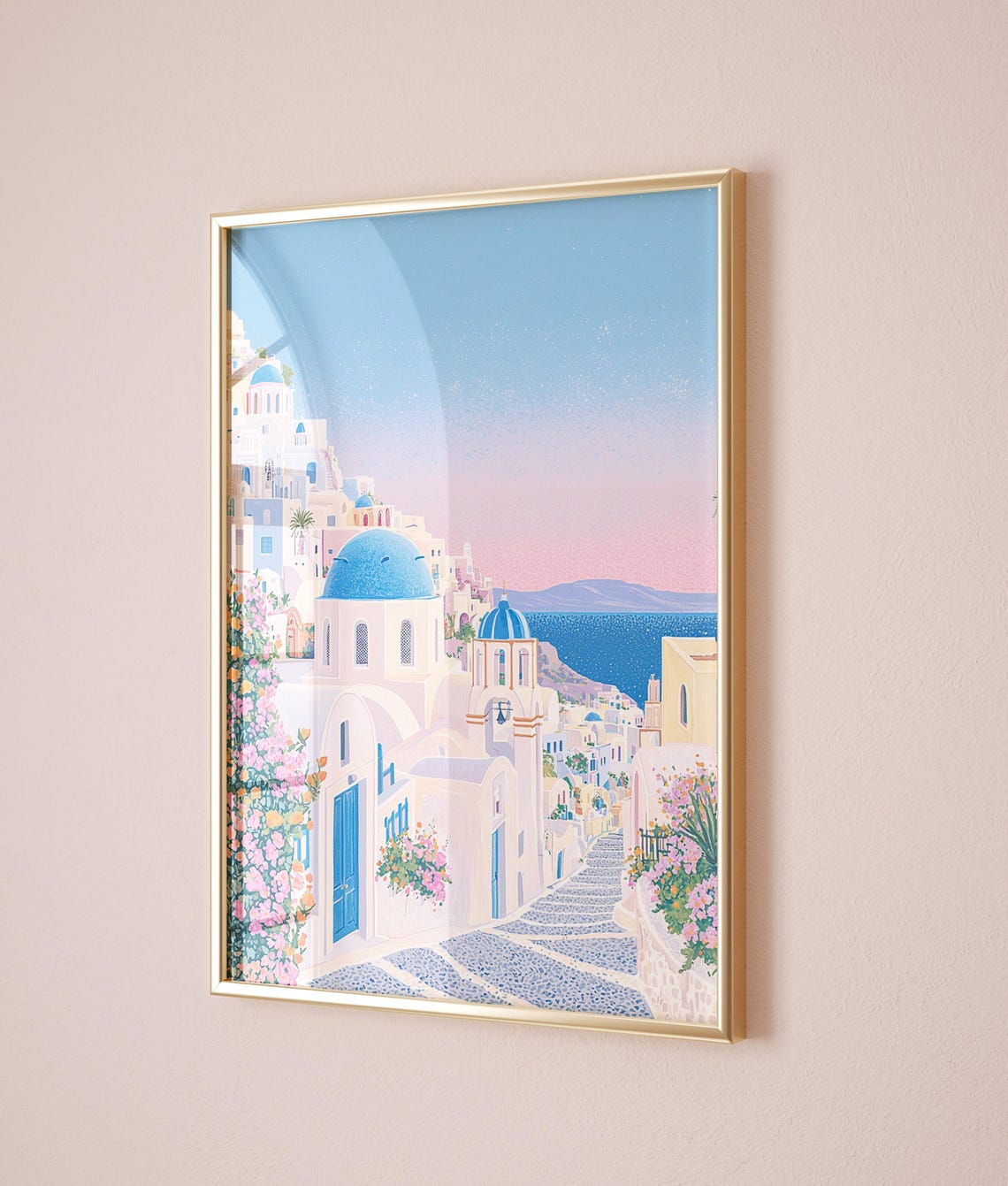 Santorini Sunset Blue Domes Pink Sky Greek Island Path Poster - Image 2