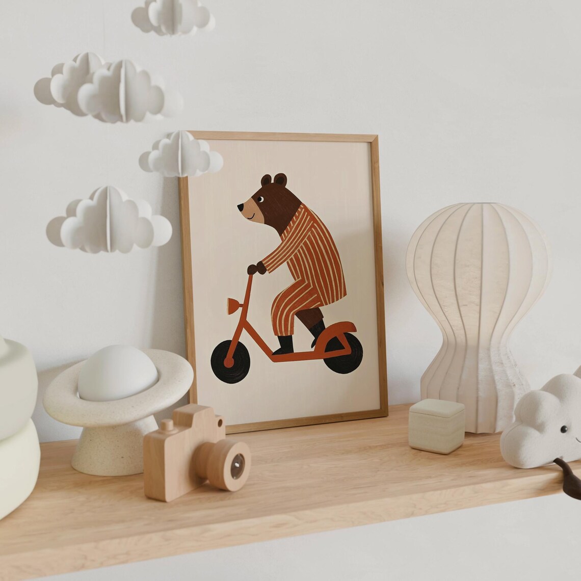 Cheerful Bear Riding a Red Scooter Nursery Kids Room Wall Art