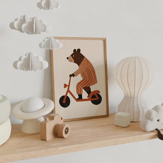 Cheerful Bear Riding a Red Scooter Nursery Kids Room Wall Art