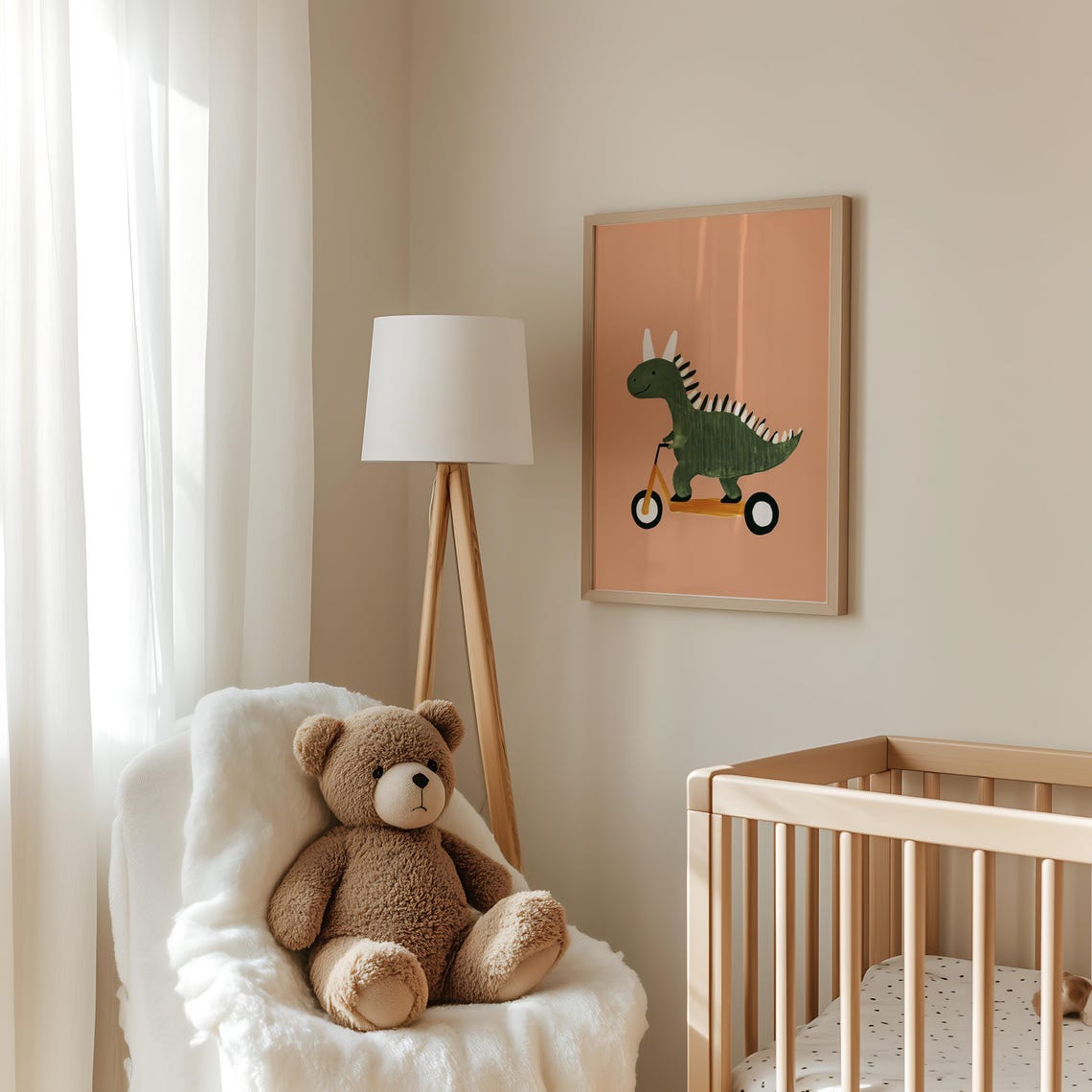 Green Dinosaur Riding Orange Scooter Cute Kids Dino Room Poster - Image 3