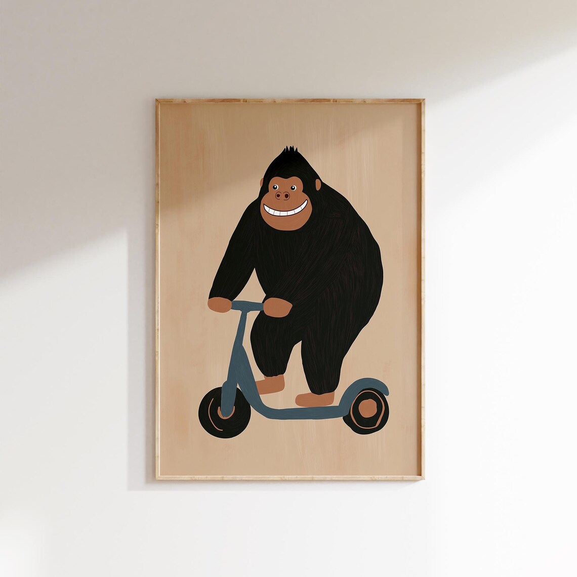 Happy Gorilla Riding Blue Scooter Nursery Kids Animal Poster