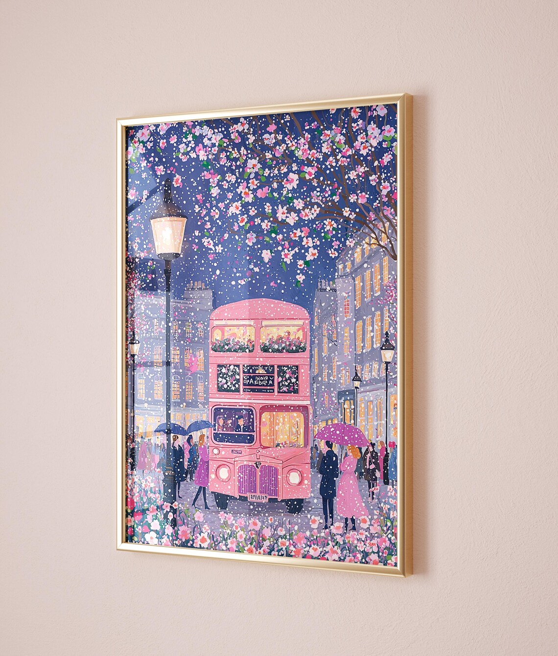 Pink Double Decker Bus London Night Blossom Lights Street Poster - Image 2