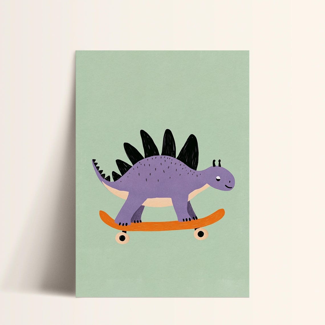 Purple Stegosaurus Riding Orange Skateboard Kids Dino Art Poster - Image 2