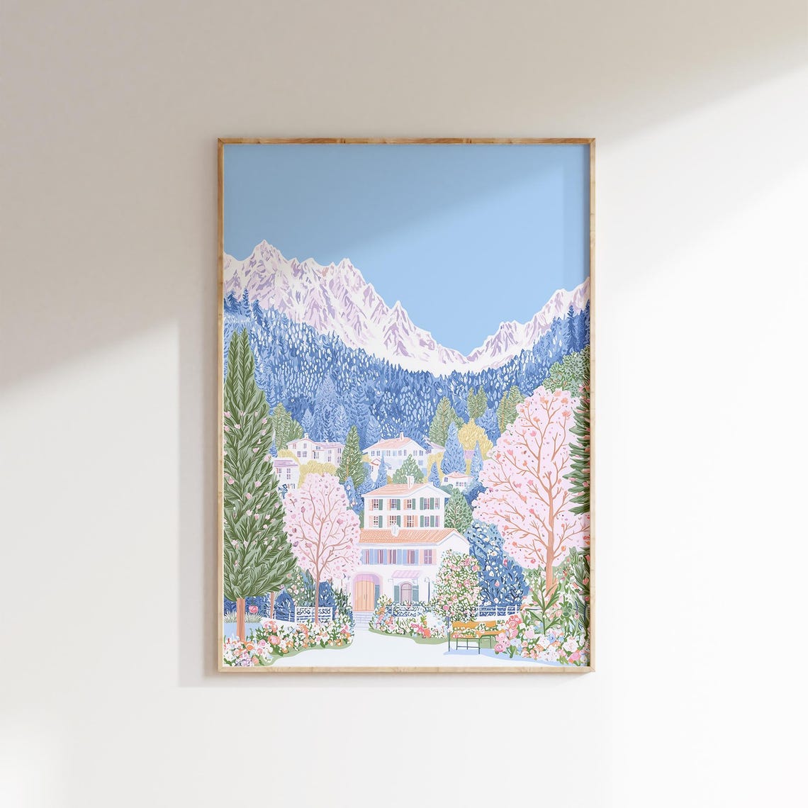 Alpine Chateau Spring Blossom Snowy Peaks Garden Landscape Poster - Image 2