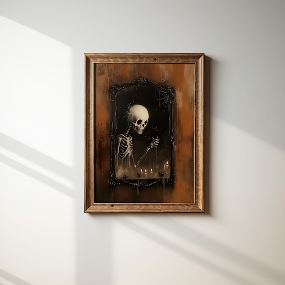 Skeleton In Vintage Mirror With Cobwebs Gothic Halloween Night Poster