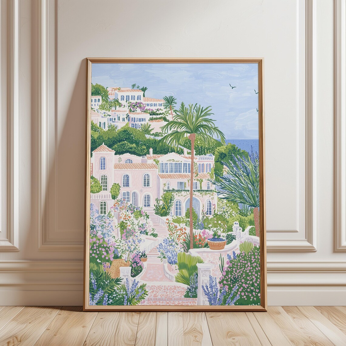 Mediterranean Hillside Villas Lush Flower Garden Sea View Poster