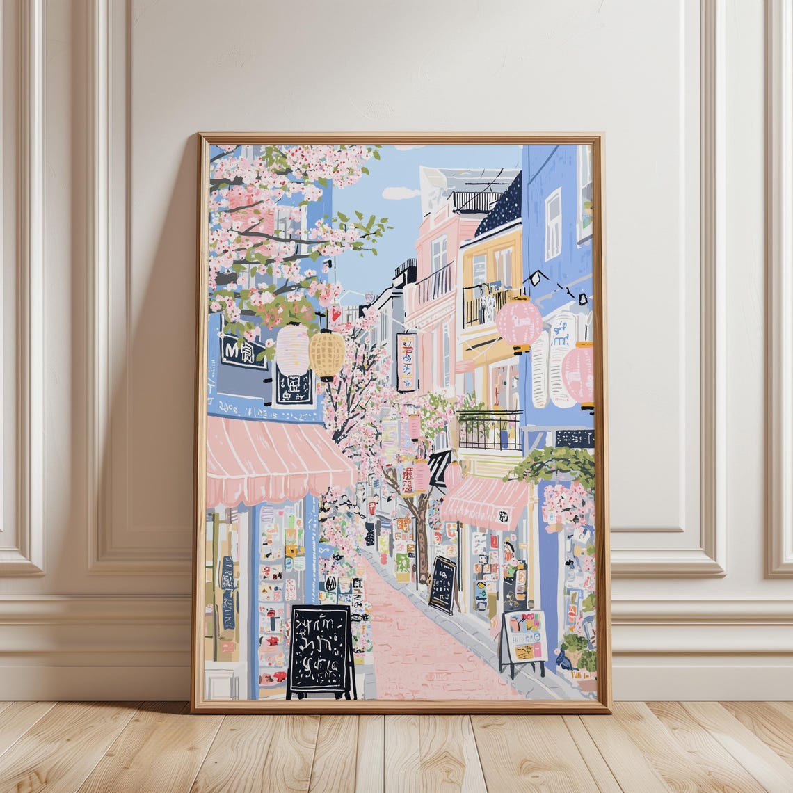 Tokyo Street Pink Lanterns Cherry Blossom Shops Japan Travel Poster