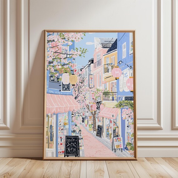 Tokyo Street Pink Lanterns Cherry Blossom Shops Japan Travel Poster