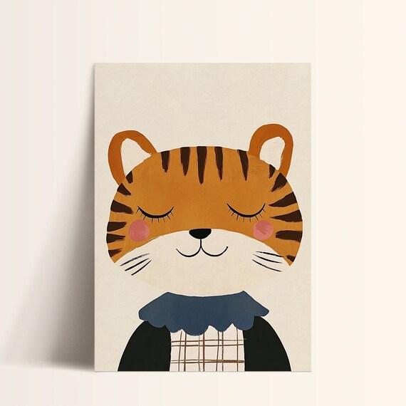 Smiling Baby Tiger in Dress Cute Kids Animal Nursery Poster Art