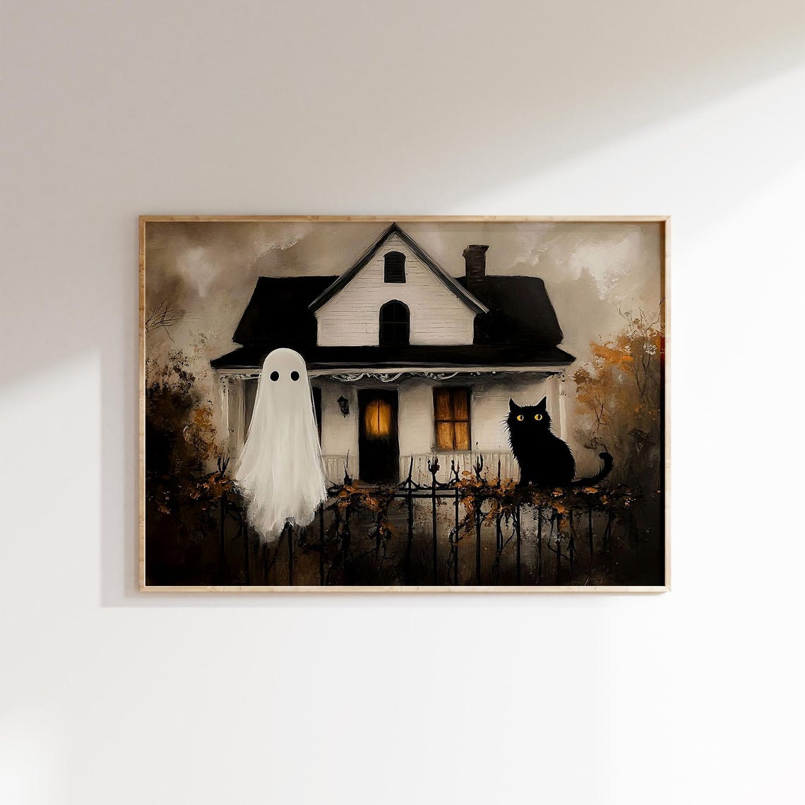 Cute Ghost And Black Cat At Spooky Farmhouse Halloween Poster