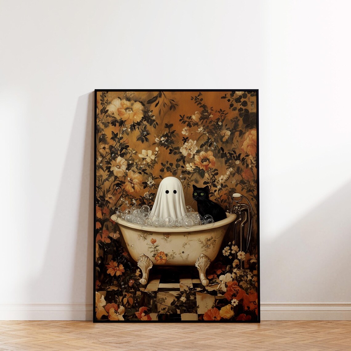 Ghost and Black Cat in Vintage Bathtub Art Poster Halloween Decor - Image 2