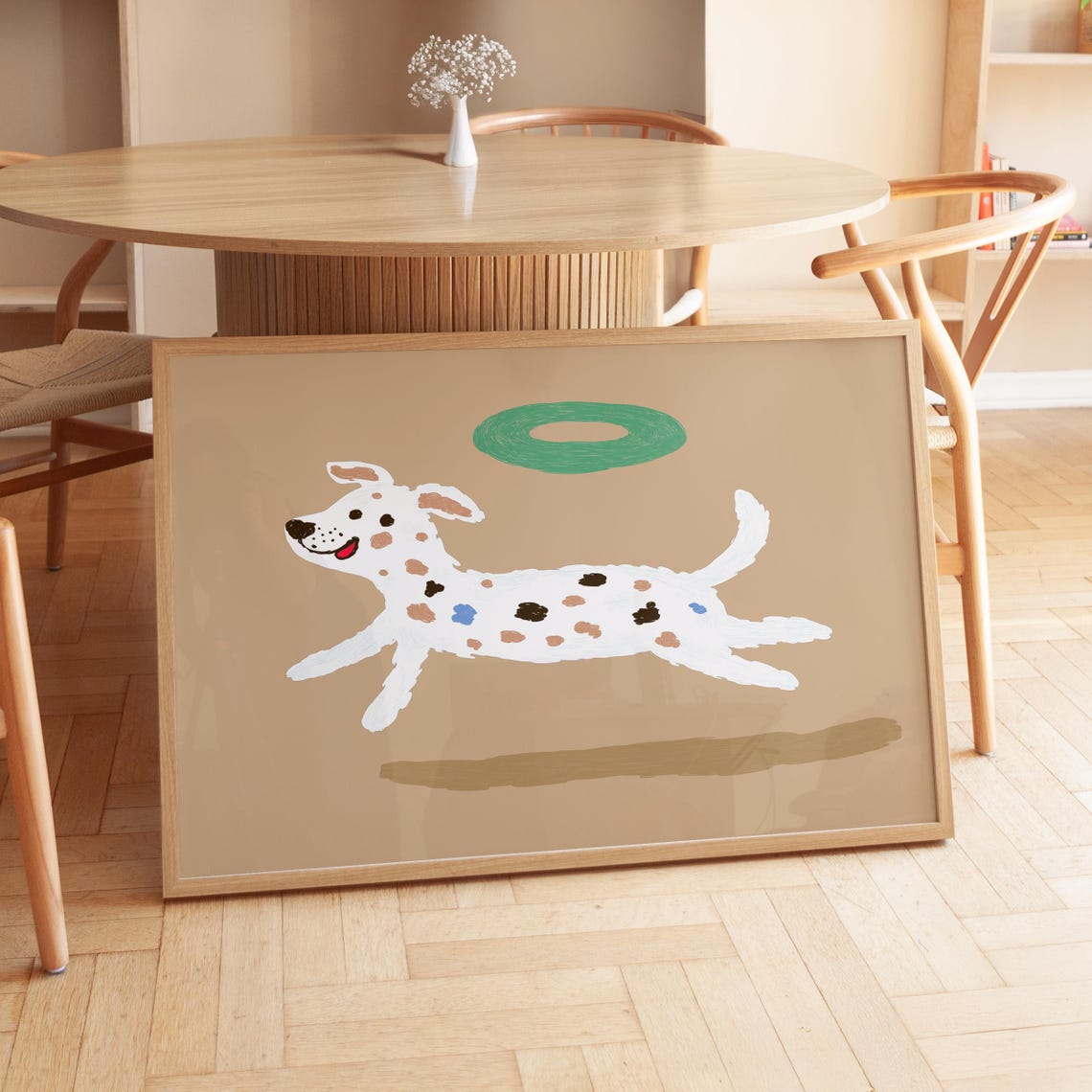 Playful Jumping Spotted Dog Green Ring Tan Background Kids Wall Poster - Image 4