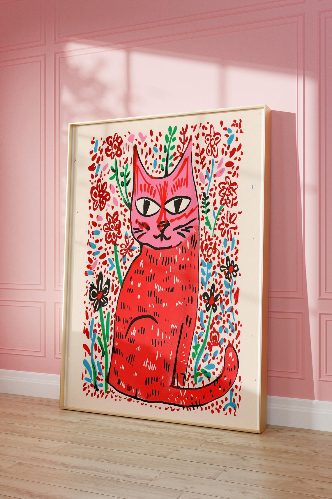 Bold Red Cat Maximalist Wall Print Funky Floral Folk Art Cat Decor Artwork