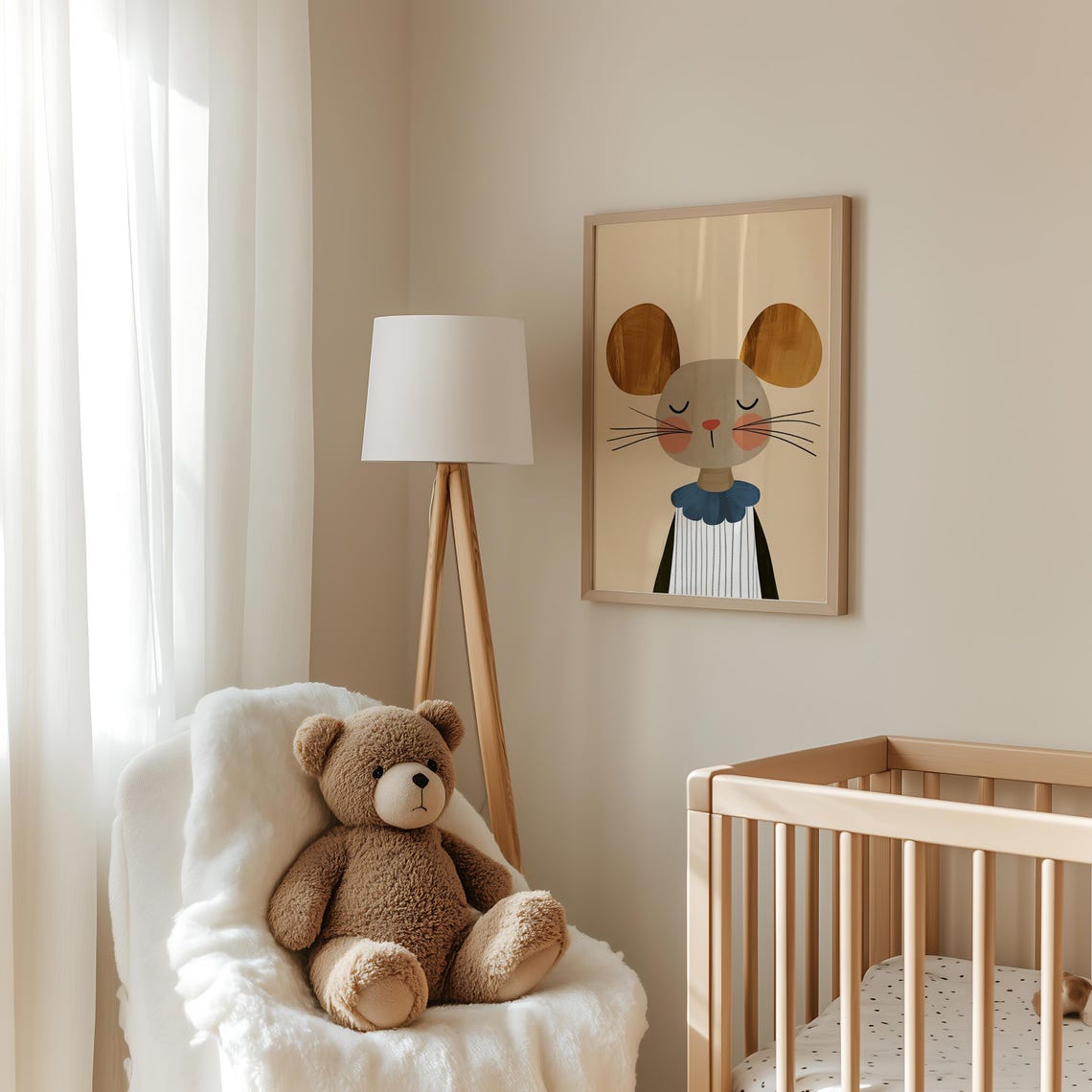 Sleepy Mouse Blue Collar Striped Dress Scandinavian Nursery Poster - Image 5