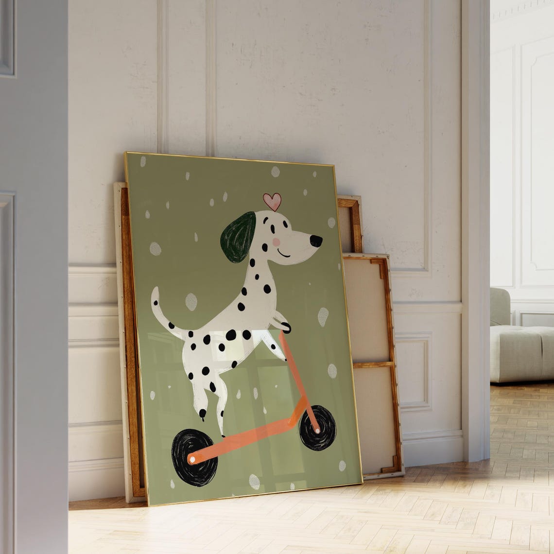 Dalmatian Dog Riding Orange Scooter Happy Kids Room Art Poster - Image 5