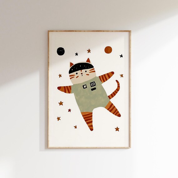 Striped Astronaut Cat Floating Stars Planets Kids Room Space Poster