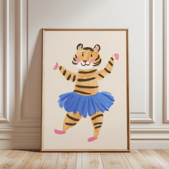 Dancing Tiger In Blue Tutu Ballerina Happy Kids Room Art Poster