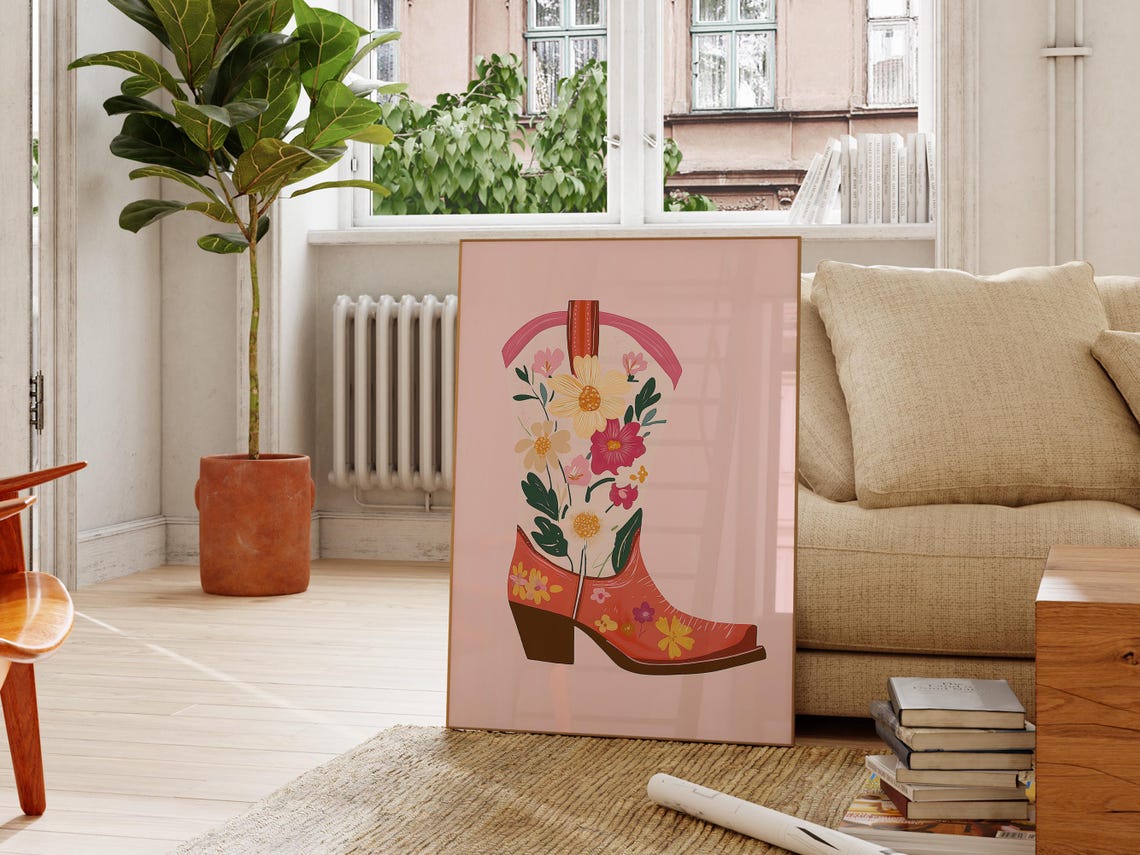 Red Floral Cowboy Boot On Pink Boho Western Style Art Poster