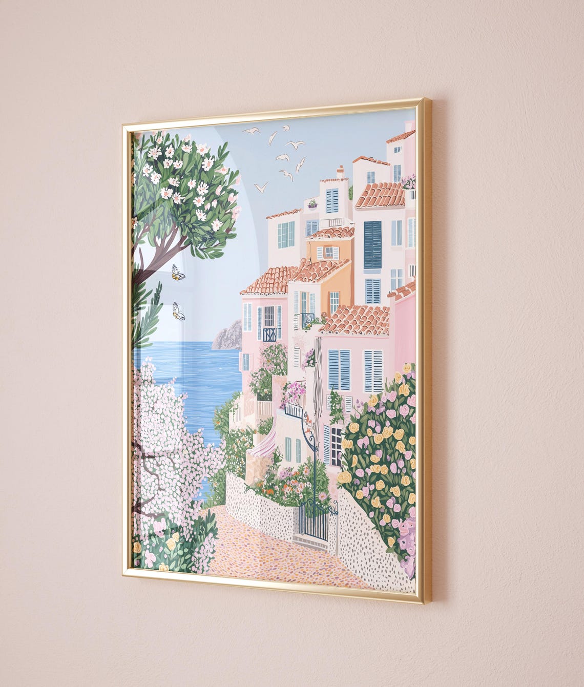 Positano Style Cliffside Village Blue Sea Spring Flowers Poster - Image 2