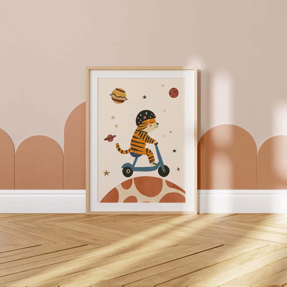 Cute Tiger Cub Riding Scooter Over Planet Space Nursery Poster - Image 2