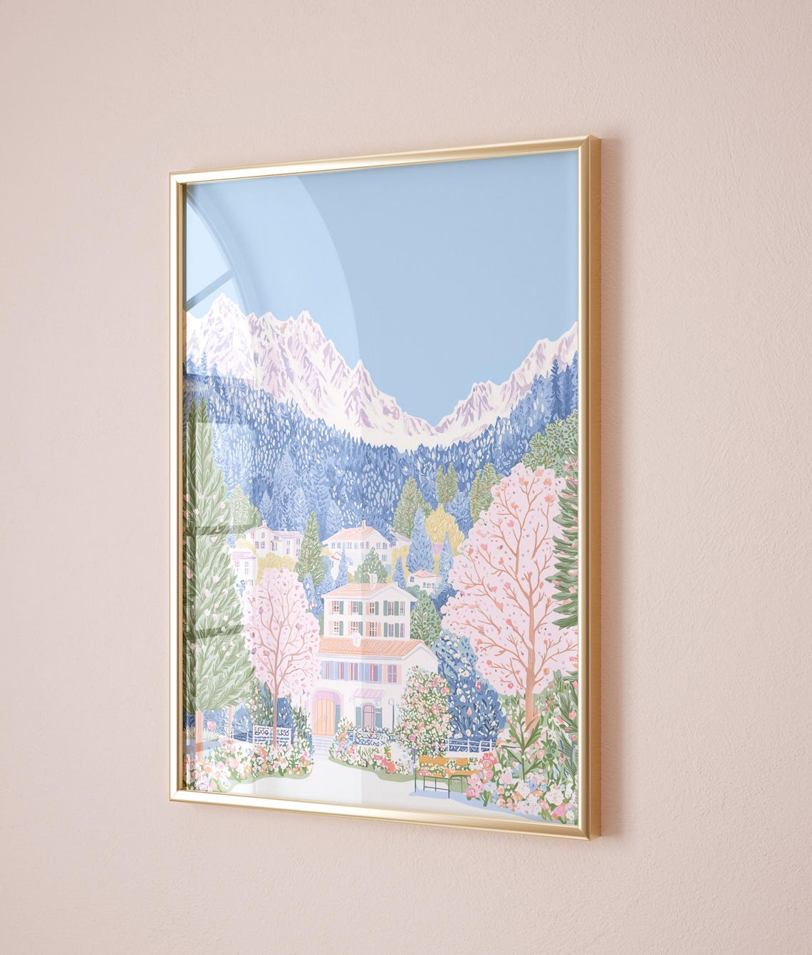 Alpine Chateau Spring Blossom Snowy Peaks Garden Landscape Poster - Image 3