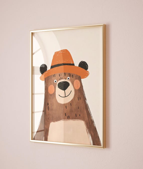 Bear With Hat Wall Art Kids Room Decor Nursery Animal Print Woodland Animal Boys Room Poster Playroom Wall Art