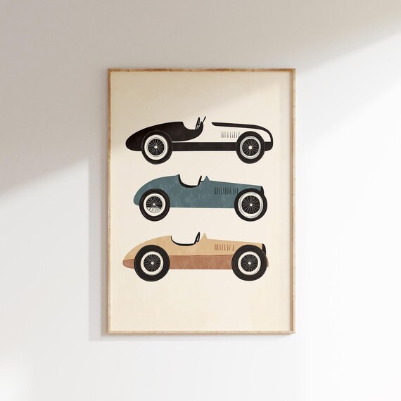 Three Vintage Race Cars Classic Retro Kids Room Vehicle Poster
