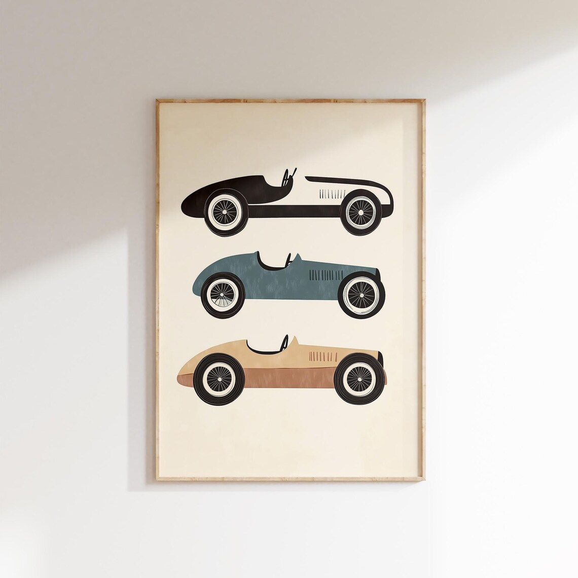 Three Vintage Race Cars Classic Retro Kids Room Vehicle Poster