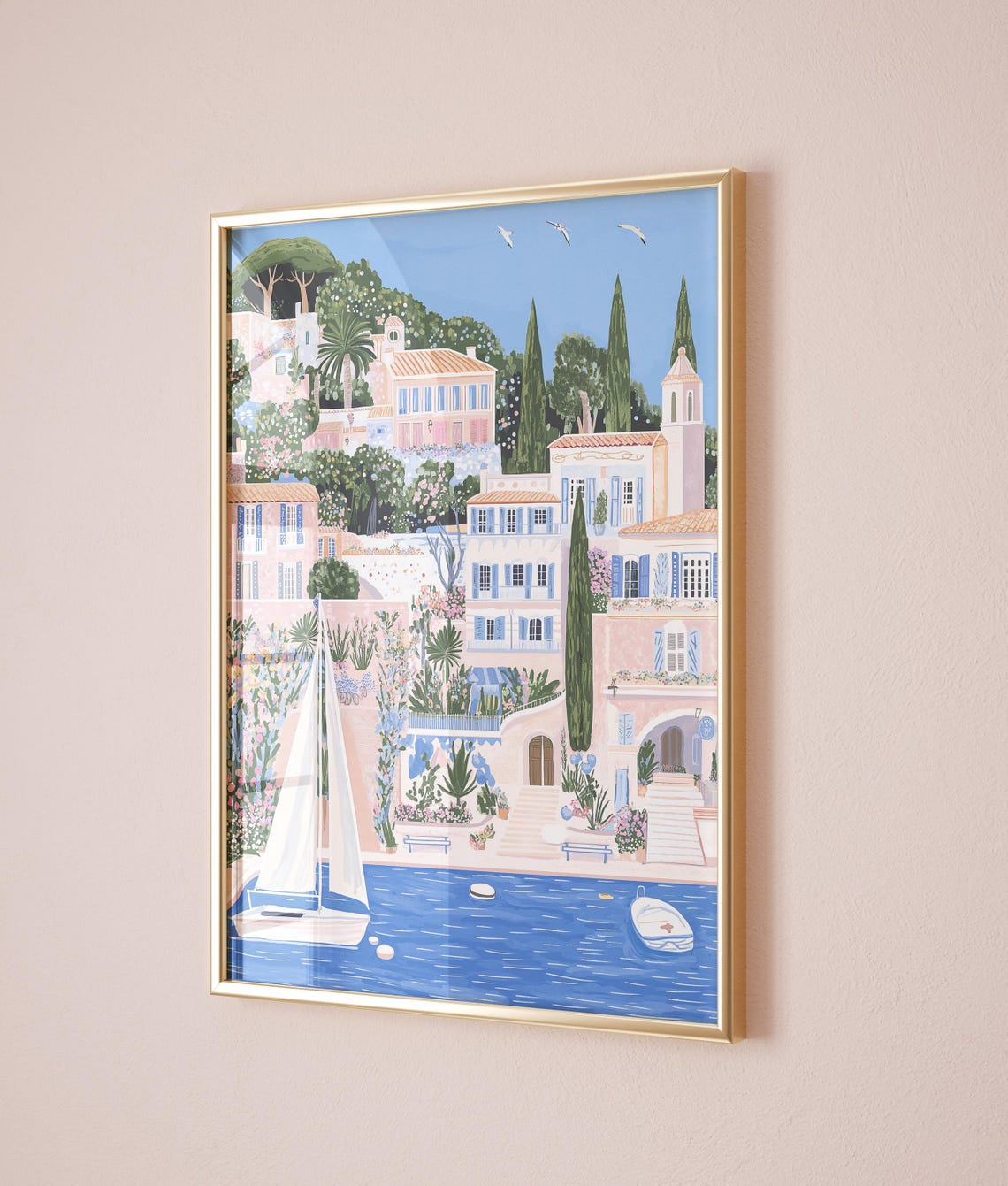 French Riviera Seaside Town Sailboat Pastel Harbor Summer Poster - Image 3