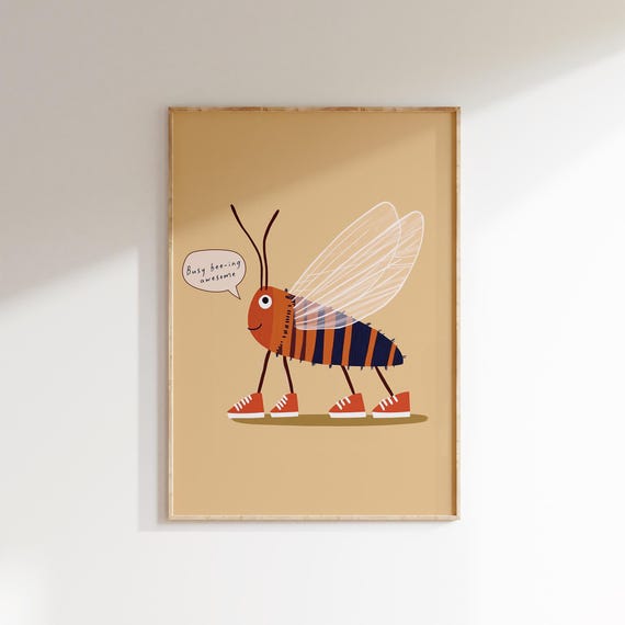 Busy Bee Wall Art Fun Animal Print Kids Room Decor Playful Bug Poster Nursery Insect Illustration Whimsical Bee Artwork Playroom Decor
