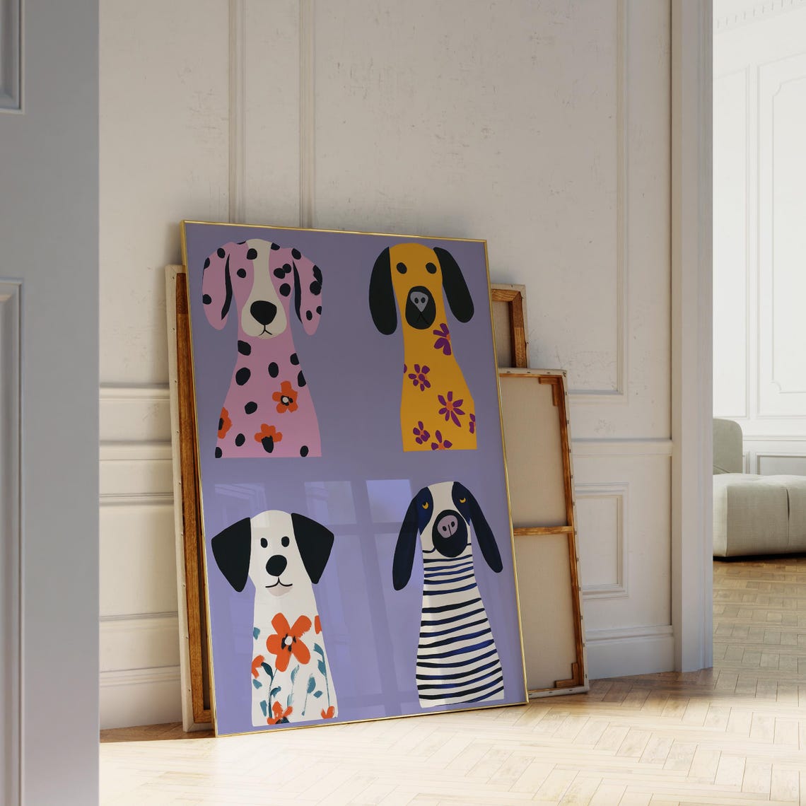 Lavender Dog Print Four Colorful Pups Nursery Kids Room Wall Poster - Image 3