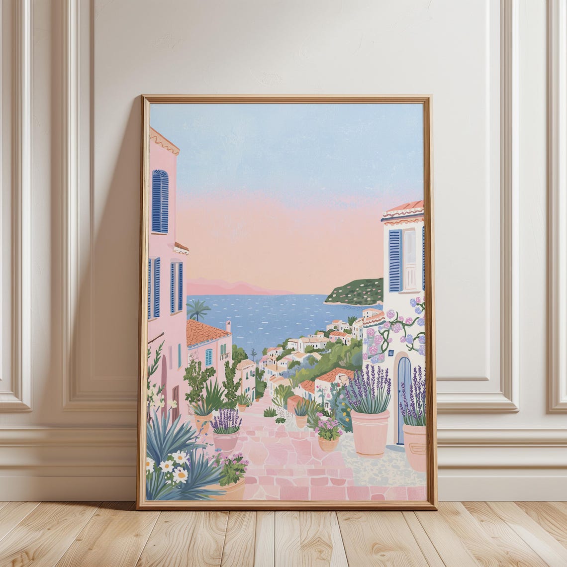 Mediterranean Coastal Alley Pink Sunset Seaside Village Poster