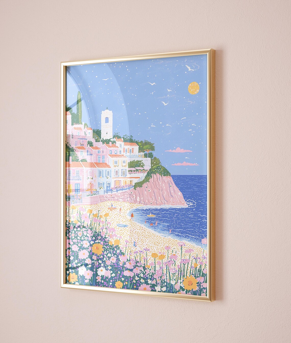 Pastel Coastal Village Cliff Beach Wildflowers Mediterranean Poster