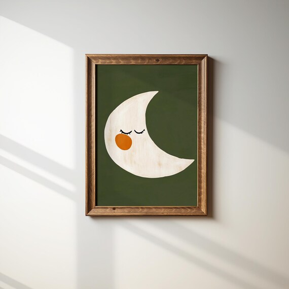 Sleeping Crescent Moon Closed Eyes Dark Green Nursery Night Poster